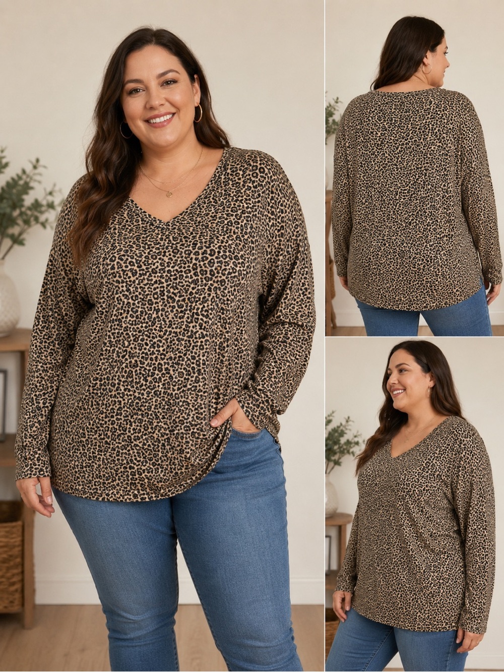 EVRI Everyday Tee Leopard Print Long Sleeve Top 4X Relaxed Fit Soft V-Neck